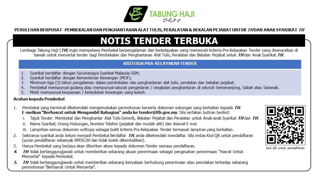 notice tender TH tabung haji office equipment alat tulis